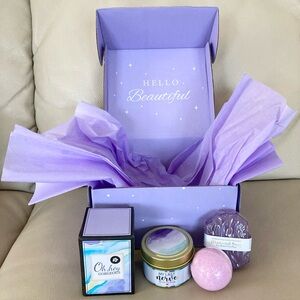 Happy Birthday Gift Box; bath bomb, 100% soy wax candle, bath salts, and soap.